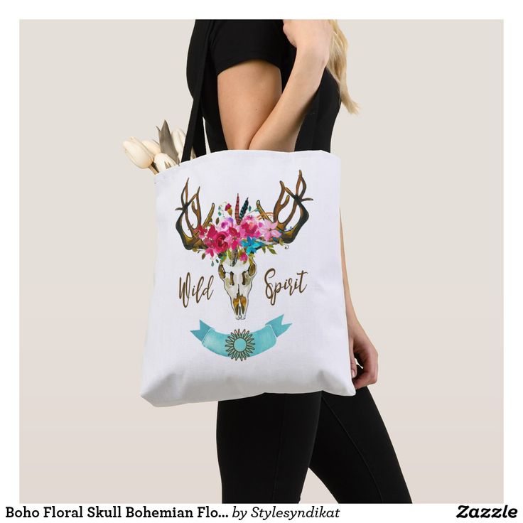 Boho Floral Skull Bohemian Flower Hippie Gift Bull Tote Bag